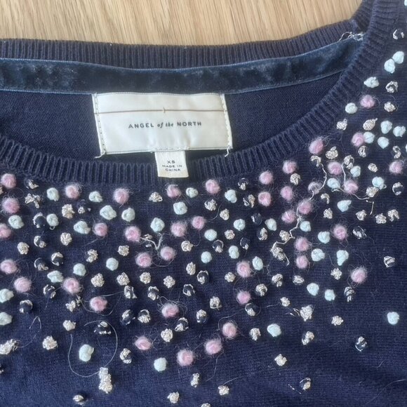 ** ANGEL OF THE NORTH ANTHROPOLOGIE Navy POM POM CASHMERE BLEND SWEATER XS - Picture 6 of 8